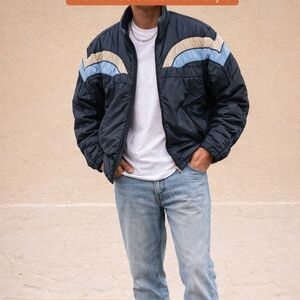 Men Vintage Armani Puffer Jacket – Blue Retro 90s Streetwear Style